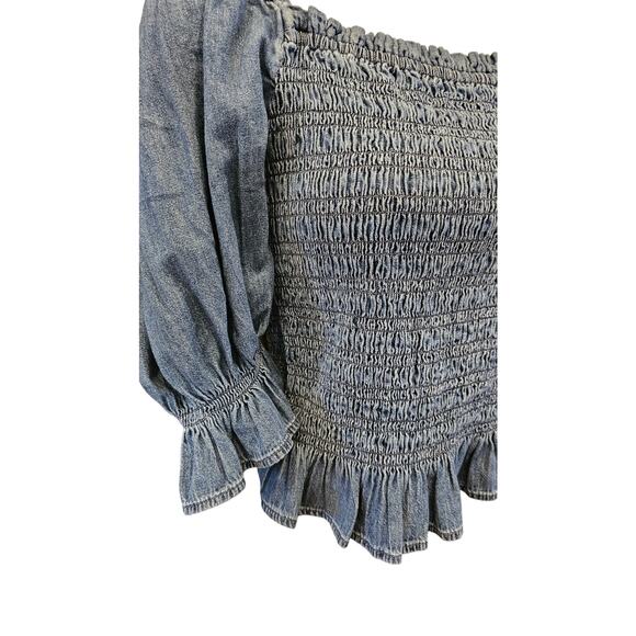 Gap sz M Smocked bust puff sleeve frill denim chambray crop top peplum stretch - Picture 3 of 8
